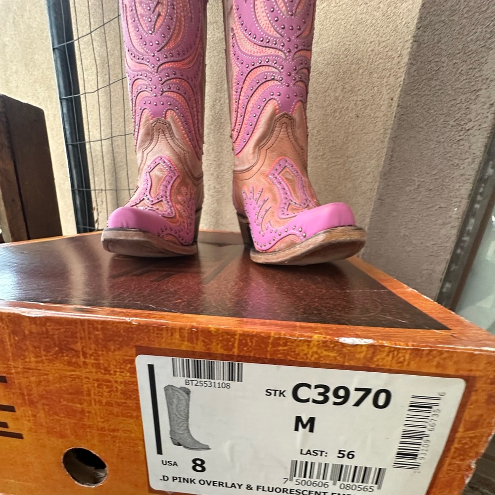 PINK FLUORESCENT EMBROIDERY AND STUDS SNIP TOE COWBOY BOOT - Picture 2 of 6